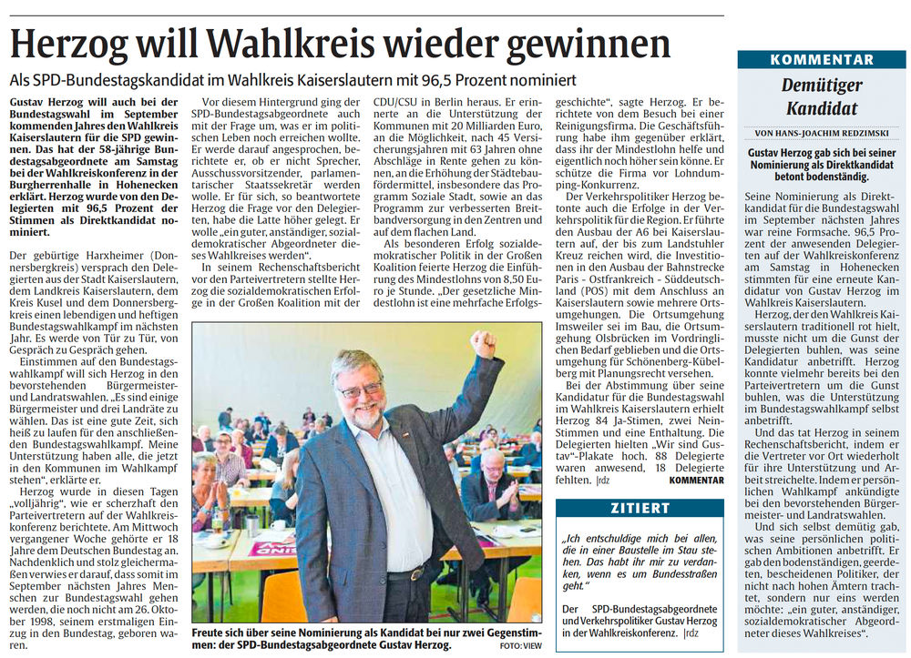 Gustav Herzog als Bundestagskandidat wiedergewählt